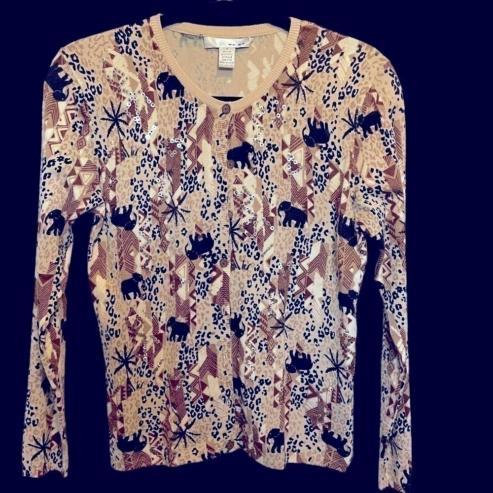 WD NY Animal Print Embellished Cardigan Size S Browns Long Sleeve Button Front
